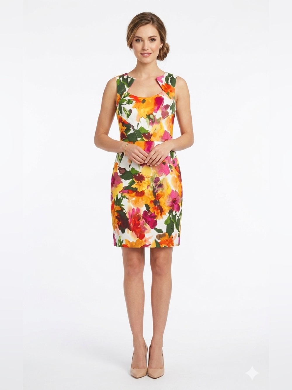 Donna Ricco | White Midi Dress Pink Orange Green Floral Print Cutout Neckline
